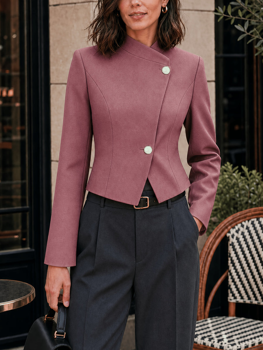 New Style Stand-Up Collar Irregular Slanted Lapel Suit, Solid Color Long Sleeve Cropped Waist-Defined Blazer with Lining - gray pink