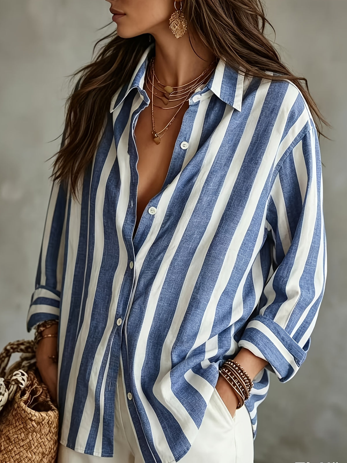 Vintage Vertical Striped Shirt, Women'S Loose Lapel Casual Versatile Open Front Top - Blue