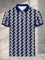 Men'S Short Sleeve Zip Polo Shirt, Navy Blue And Cream Geometric Abstract Pattern, Digital Print, Regular Fit, Contrast Polo Collar And Cuffs, Quarter Zip Placket, Polyester, Casual Golf Style for Daily Wear And Travel, Spring And Summer - Mixed colors