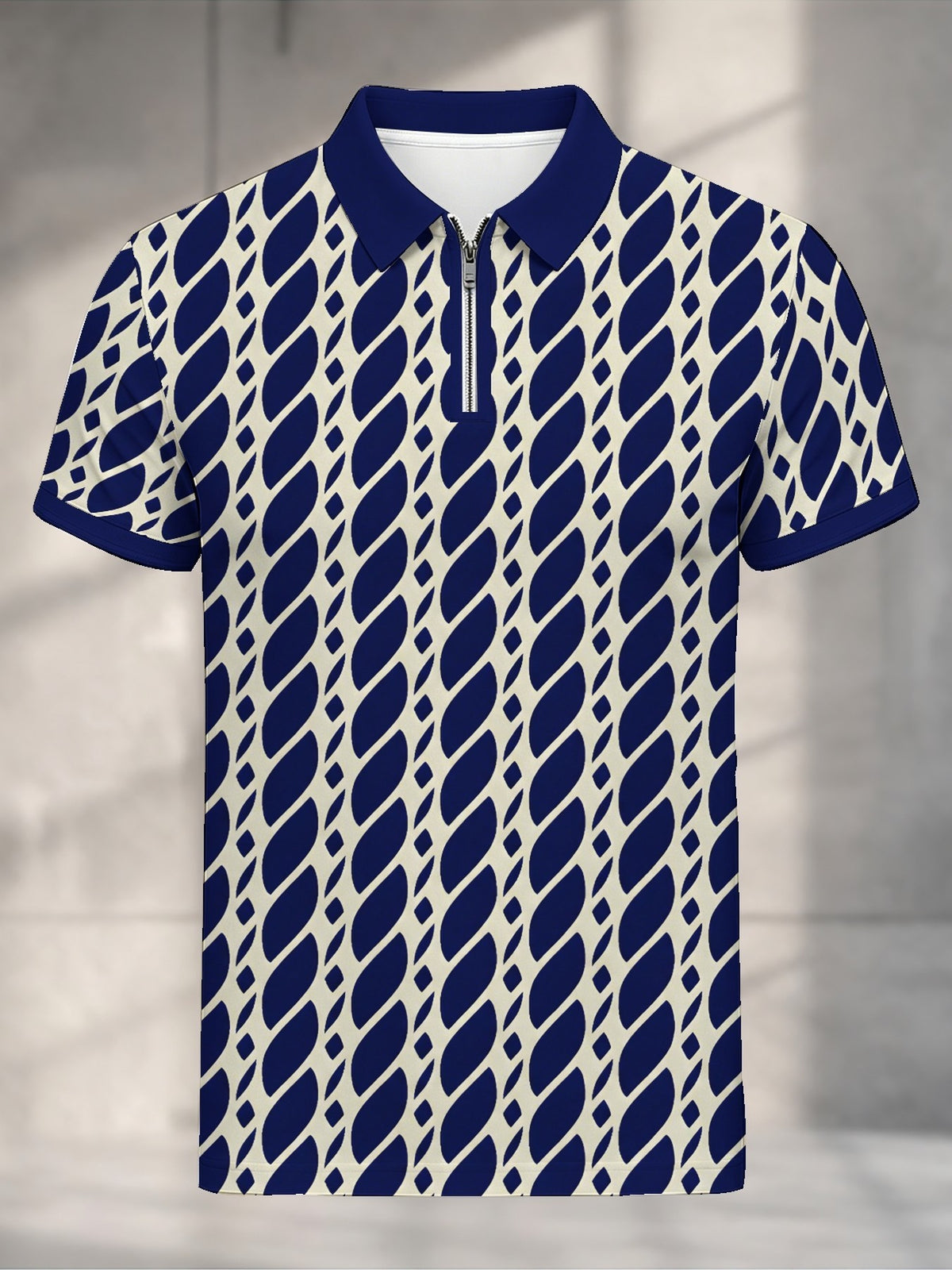 Men'S Short Sleeve Zip Polo Shirt, Navy Blue And Cream Geometric Abstract Pattern, Digital Print, Regular Fit, Contrast Polo Collar And Cuffs, Quarter Zip Placket, Polyester, Casual Golf Style for Daily Wear And Travel, Spring And Summer - Mixed colors