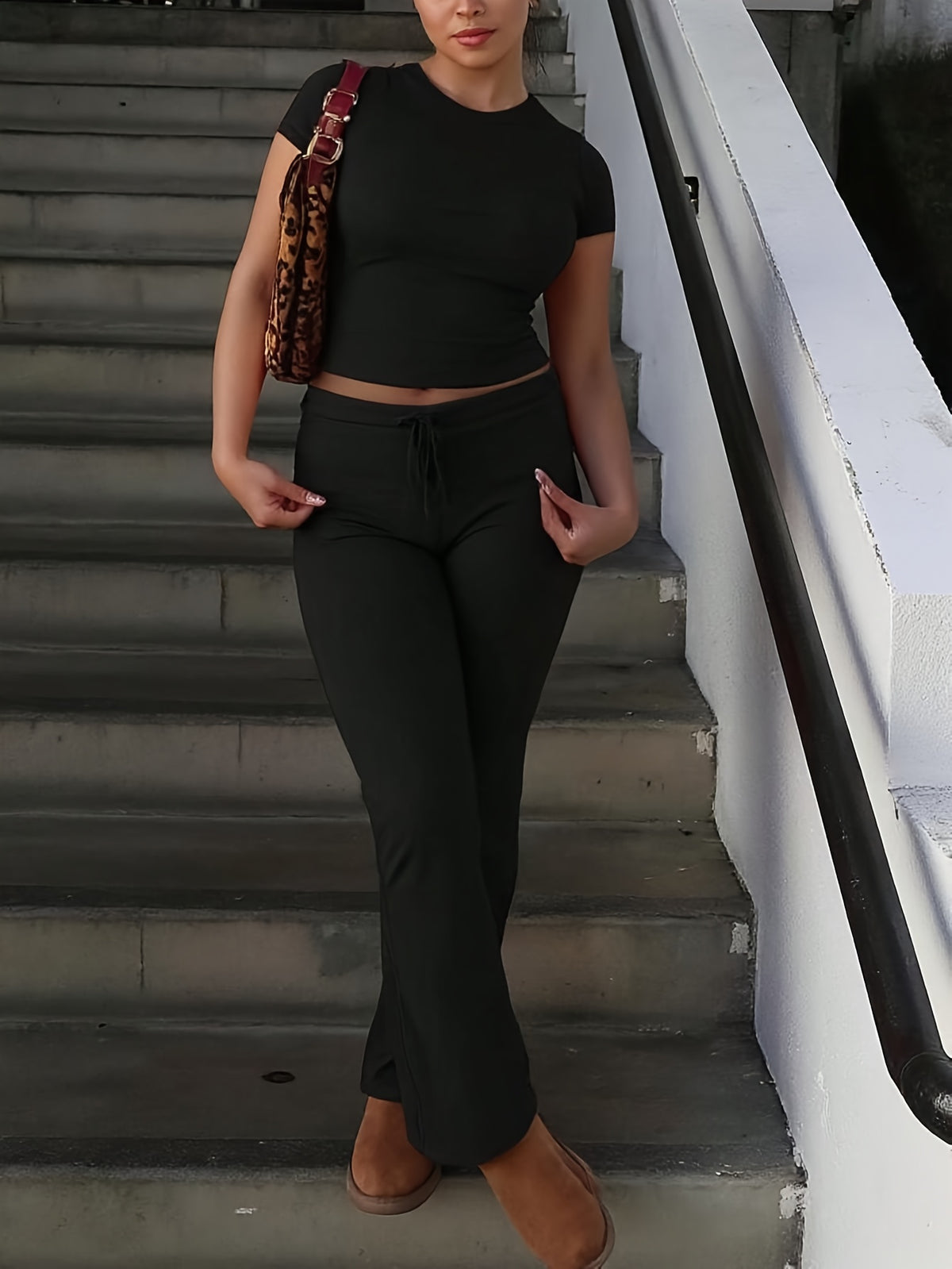Women'S 2pcs Short Sleeve Top And Wide-Leg Pants Set, Fake Drawstring Waistband, Casual All-Season Outfit, Comfortable Home Wear, Daily Attire, Casual Style, Short Sleeve Top, Women'S Set, Women'S Clothing, Fashion Top, Autumn Women'S Wear - Black