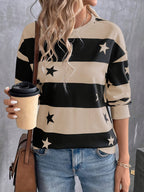 Women's Elegant Striped Star Print Long-Sleeve T-Shirt - Non- Blouse-Compatible Top Suitable for Seasons, Machine Washable Opaque Shirt for Layering, Casual & Professional Wear, Year-Round Wardrobe Essential - Khaki