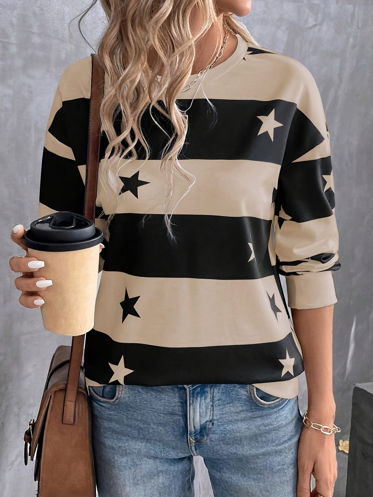Women's Elegant Striped Star Print Long-Sleeve T-Shirt - Non- Blouse-Compatible Top Suitable for Seasons, Machine Washable Opaque Shirt for Layering, Casual & Professional Wear, Year-Round Wardrobe Essential - Khaki