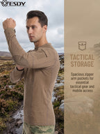 ESDY 1-Piece Men's Stand Collar Tactical BDU Sweatshirt, Large Mesh Breathable Half-Zip Outdoor Combat Top, Chest and Back Mesh Breathable Training Wear - Khaki