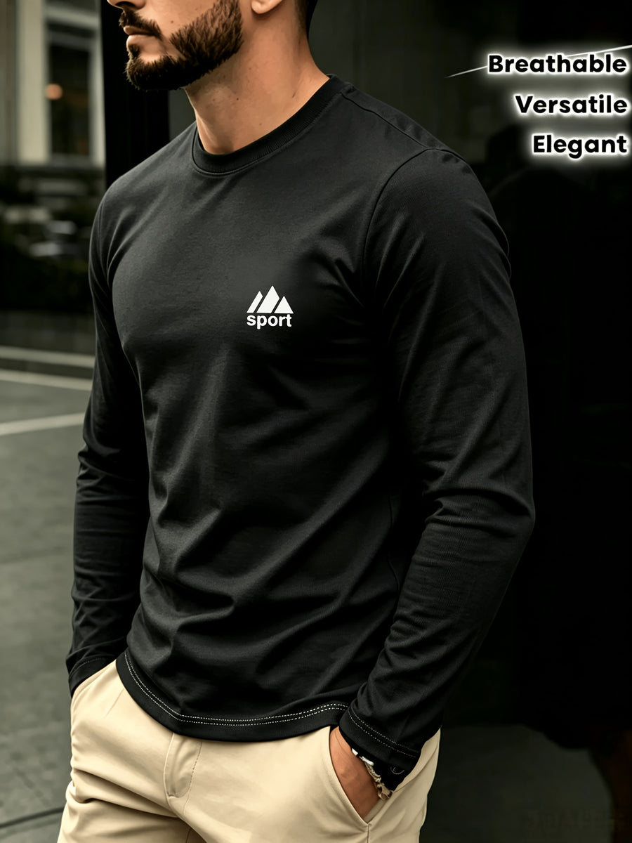 Men'S Spring And Autumn Thin Knitted Classic Solid Color Long-Sleeve T-Shirt 1pc, Casual Sports All-Match Inner Wear Men'S Long-Sleeve Tops - Black