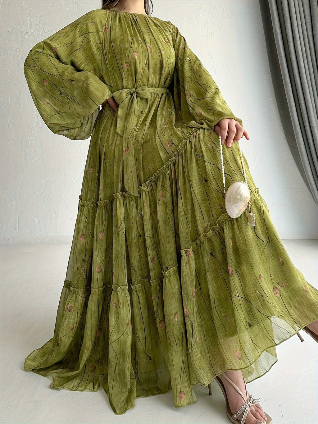 Women's Middle Eastern Muslim Chiffon Print Dress - Olive