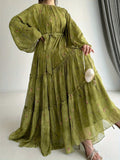 Women's Middle Eastern Muslim Chiffon Print Dress - Olive