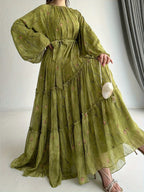Women's Middle Eastern Muslim Chiffon Print Dress - Olive