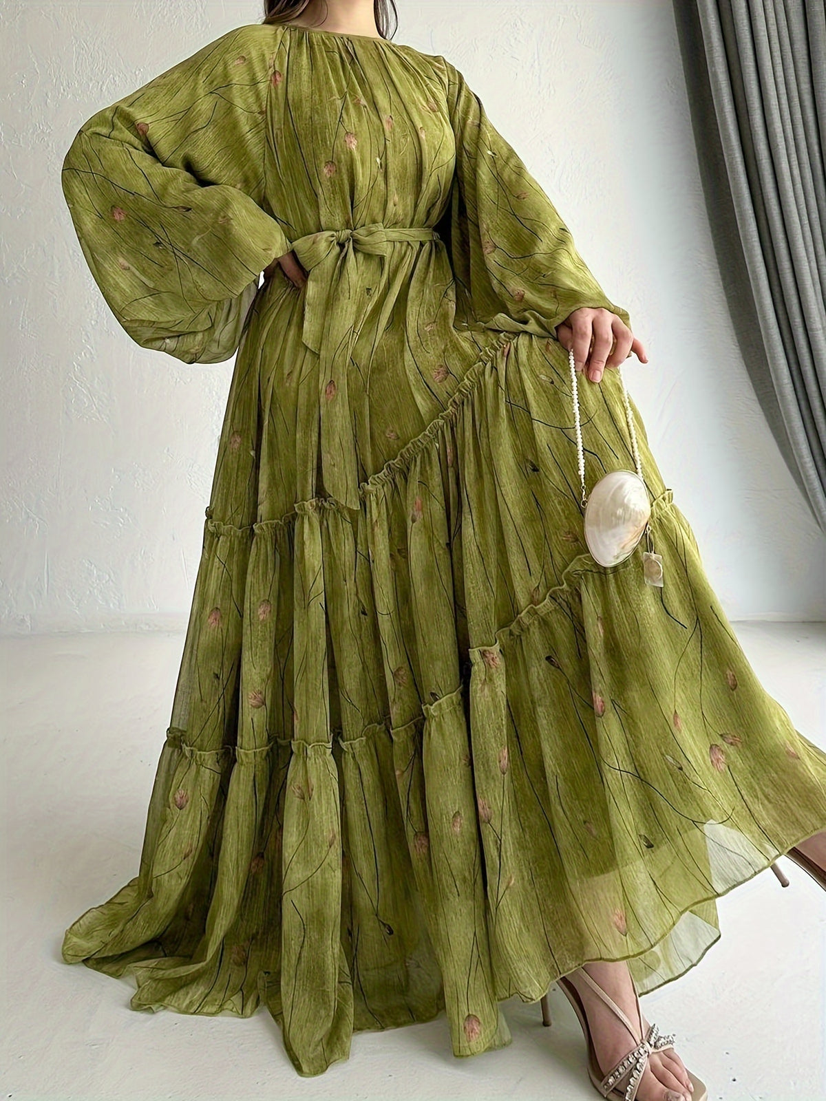 Women's Middle Eastern Muslim Chiffon Print Dress - Olive