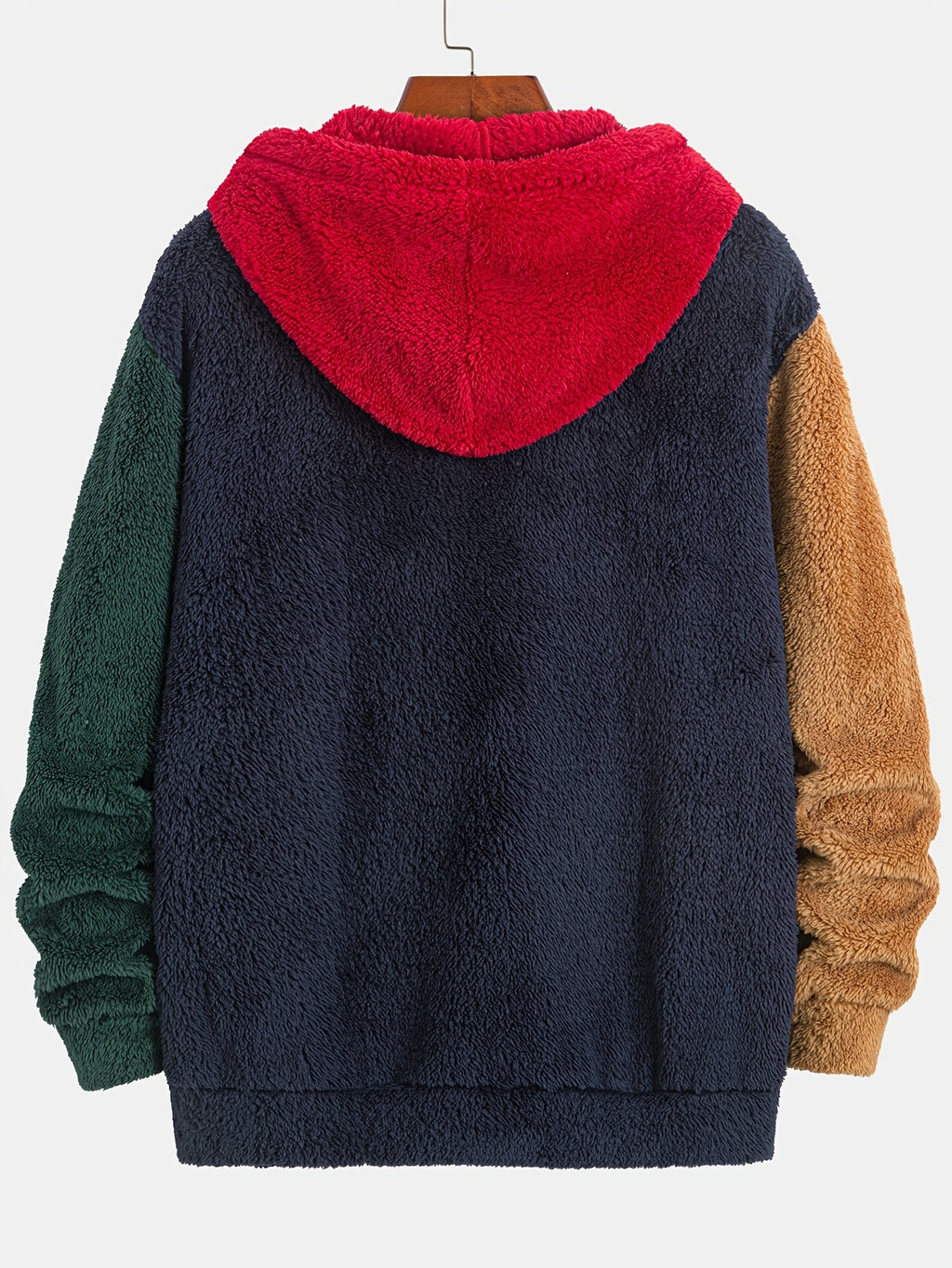 Men's Colorful Plush Hooded Zip-Up Sweatshirt Jacket with Contrast Patch Embroidery, Warm and Thickened for Autumn/Winter - Navy Color