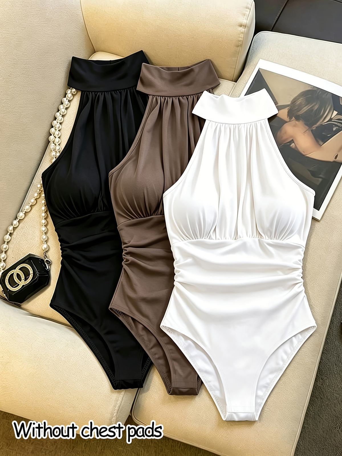 3pcs Set Autumn/Winter Temperamental Sexy Bodysuit for Women, Comfortable, Breathable, Simple, Versatile, Form-Fitting Bodysuit Top, Casual, Fashionable, Commuter Base Layer Bodysuit, Without Breast Padding - Black+white+coffee Color