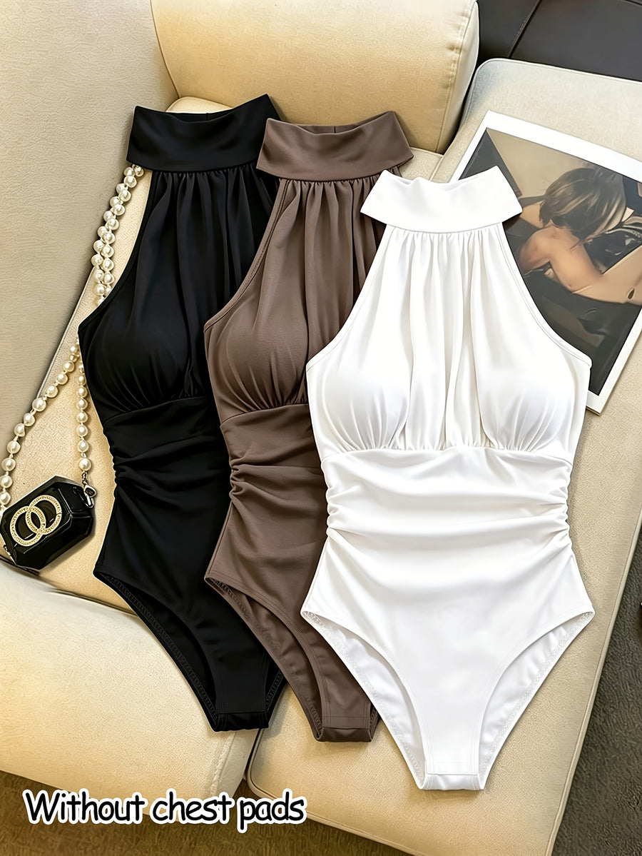 3pcs Set Autumn/Winter Temperamental Sexy Bodysuit for Women, Comfortable, Breathable, Simple, Versatile, Form-Fitting Bodysuit Top, Casual, Fashionable, Commuter Base Layer Bodysuit, Without Breast Padding - Black+white+coffee Color