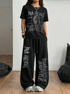 2pcs Women'S Retro "Rock Music Female Portrait" Printed Pattern Fashion Casual Round Neck T-Shirt And Drawstring Loose Long Pants, Daily Soft Comfortable Niche Trendy Hip-Hop Y2K Versatile Street Style Two-Piece Set, Machine Washable - Black