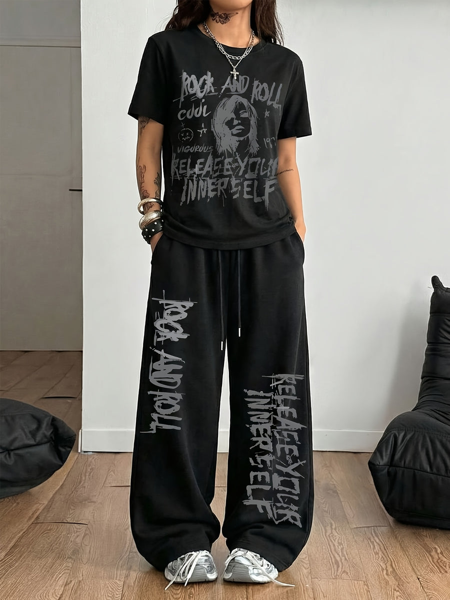 2pcs Women'S Retro "Rock Music Female Portrait" Printed Pattern Fashion Casual Round Neck T-Shirt And Drawstring Loose Long Pants, Daily Soft Comfortable Niche Trendy Hip-Hop Y2K Versatile Street Style Two-Piece Set, Machine Washable - Black