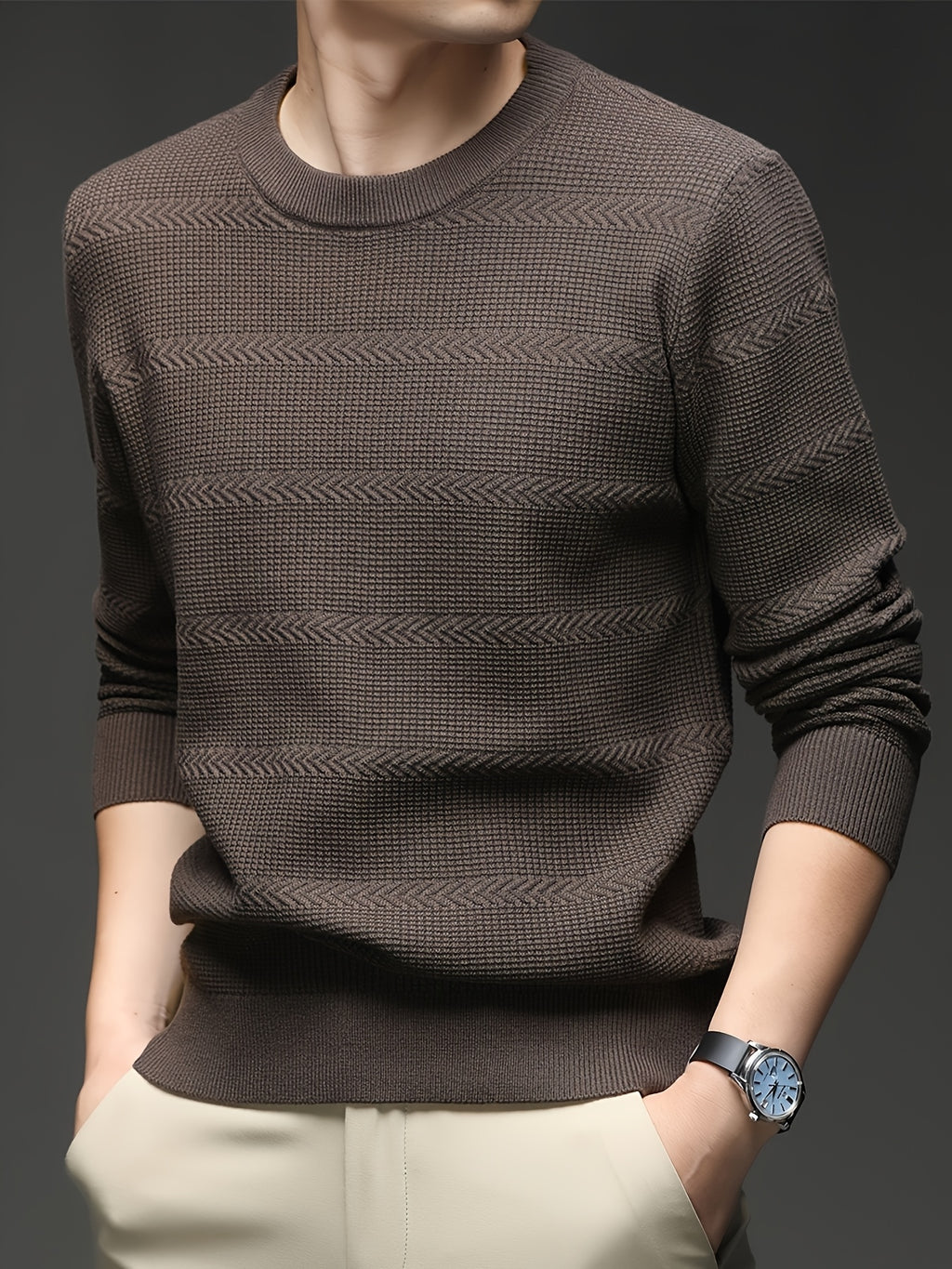 Men's Quiet Luxury Mustard Crew Neck Sweater, Textured Herringbone Knit Pullover, Old Money Aesthetic Fall Winter Top - Dark Brown