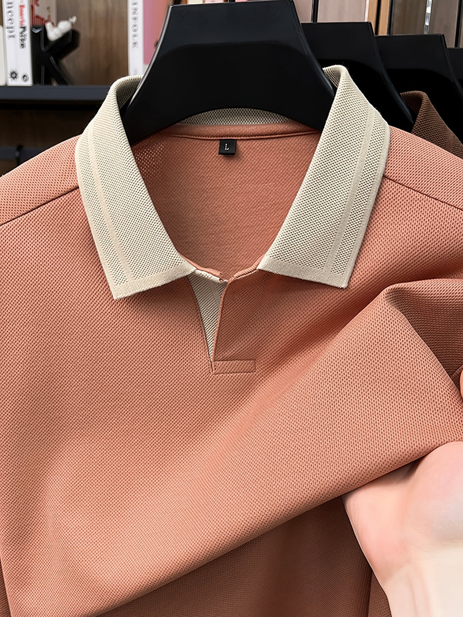 Men's Long-Sleeve T-Shirt, Color-Block Lapel Casual Tee, New Versatile Top for Spring and Autumn - Orange