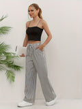 Striped Women's Casual Pants, Four Seasons Lazy Style Elastic Waist Drawstring Loose Versatile Textured Wide Leg Long Pants - Apricot Black Strips