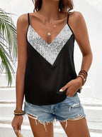 1pc Solid Color V-Neck Sequin Decorated Camisole, Elegant Sleeveless Top, Fashionable Sleeveless Vest, Women'S Clothing - White