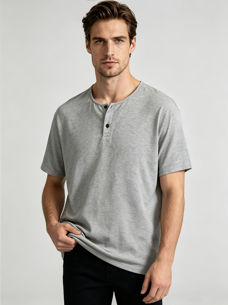 Short Sleeve T-Shirt Henley Collar Half-Open Round Neck Summer New Round Neck Solid Color Men'S Thin Top Athletic Short Sleeve Men'S Loose Plus Size Fitness Slim T-Shirt Henley Button-Up Collar Base Layer Training Trendy - Light Grey