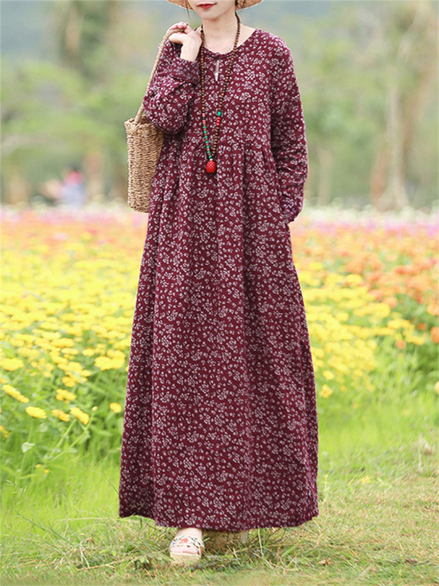 Plus Size, Plus Size Women Floral Print Maxi Dress Oversized Long Sleeve Crew Neck Vintage Holiday Casual Loose Long Dresses - Burgundy