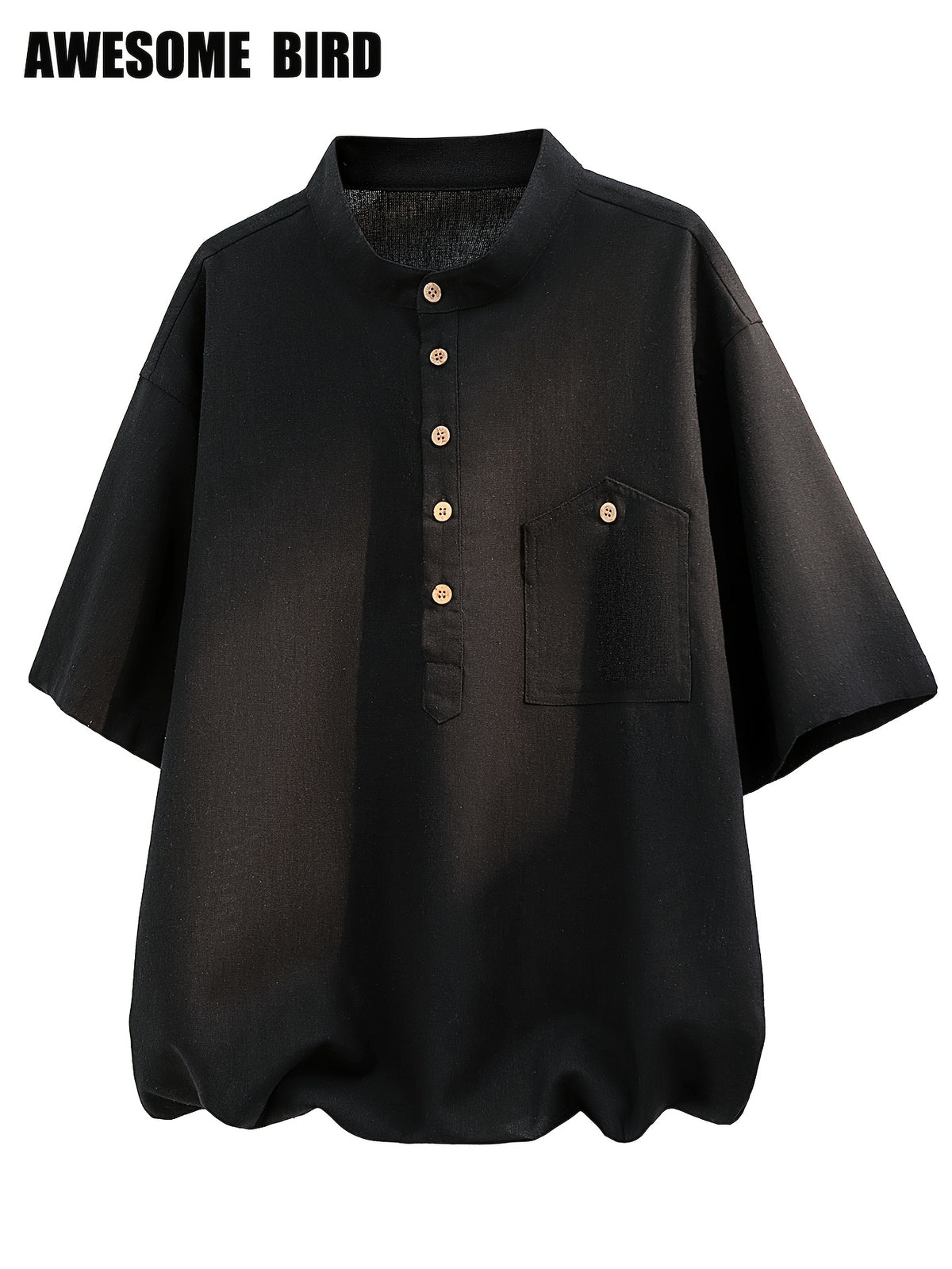 2026 Summer New Linen Short Sleeve Shirt Men'S Semi-High Neck Stand Collar Trendy Slight Loose Handsome Breathable Short Shirt - Black