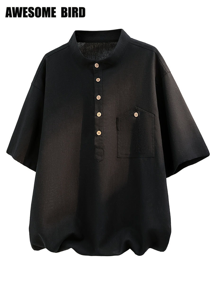 2026 Summer New Linen Short Sleeve Shirt Men'S Semi-High Neck Stand Collar Trendy Slight Loose Handsome Breathable Short Shirt - Black