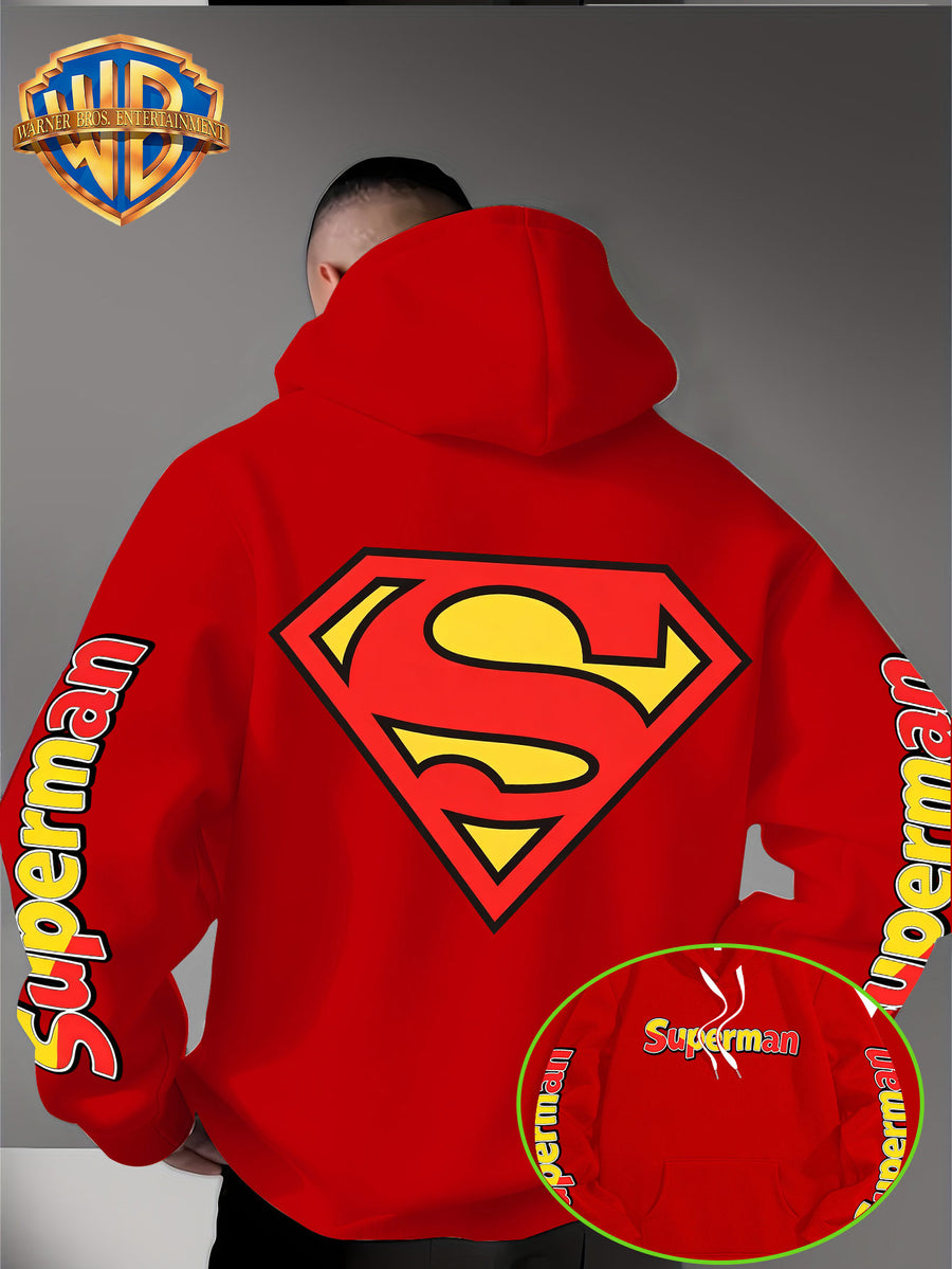 DC Superman Classic S Logo Print Hoodie American Casual Fall Winter Sweatshirt - Men'S Versatile Pullover, Cozy And Warm Fleece-Lined Top for Sports, Outdoor, Travel, Daily Wear, Commute, Home, Perfect Gift for Lovers And Friends - Unisex - Red