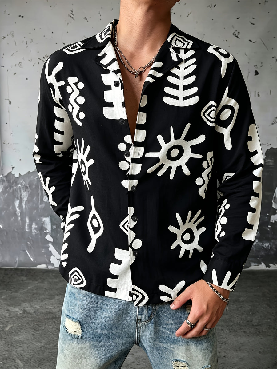 Men'S Casual Vacation Travel Style Fashion Abstract Pattern Shirt, Lightweight Loose Long Sleeve, Material, Comfortable Commuter Top - Black
