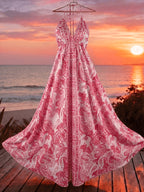 Women'S Summer Vacation Style Printed Backless Drawstring Dress, Perfect for Parties, Birthdays, And Dates - Red