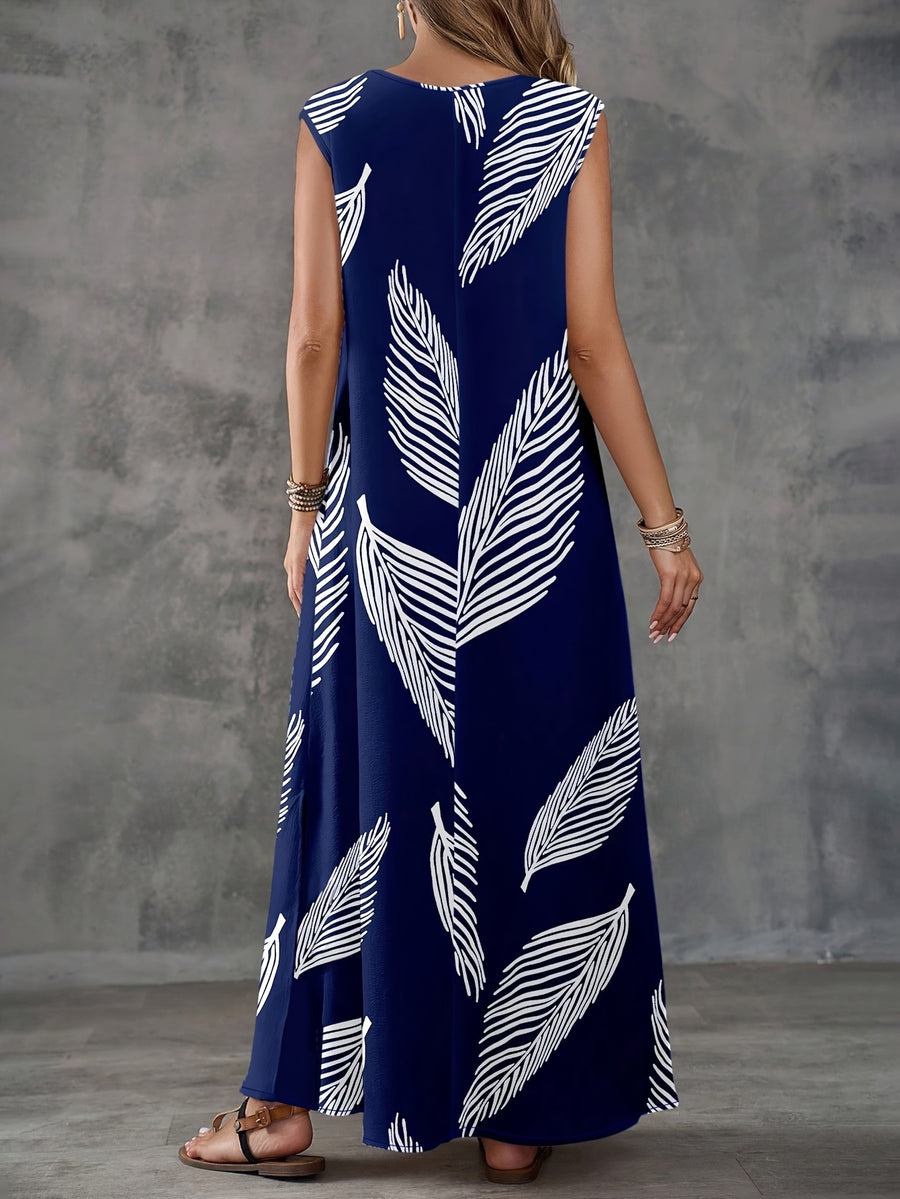 Women's Leaf-pattern V-neck Long Dress, Suitable for Summer Wear - Navy Color