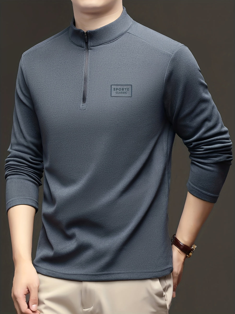 Men'S 1/4 Zip Long Sleeve Sweatshirt, Spring/Autumn Business Casual Golf Top, Half-Zip Collar High Neck Long Sleeve T-Shirt, Soft Comfortable Casual Sportswear, Outdoor Spring/Autumn Warm Clothing, Logo on Chest, Mature Men'S Apparel - Grey