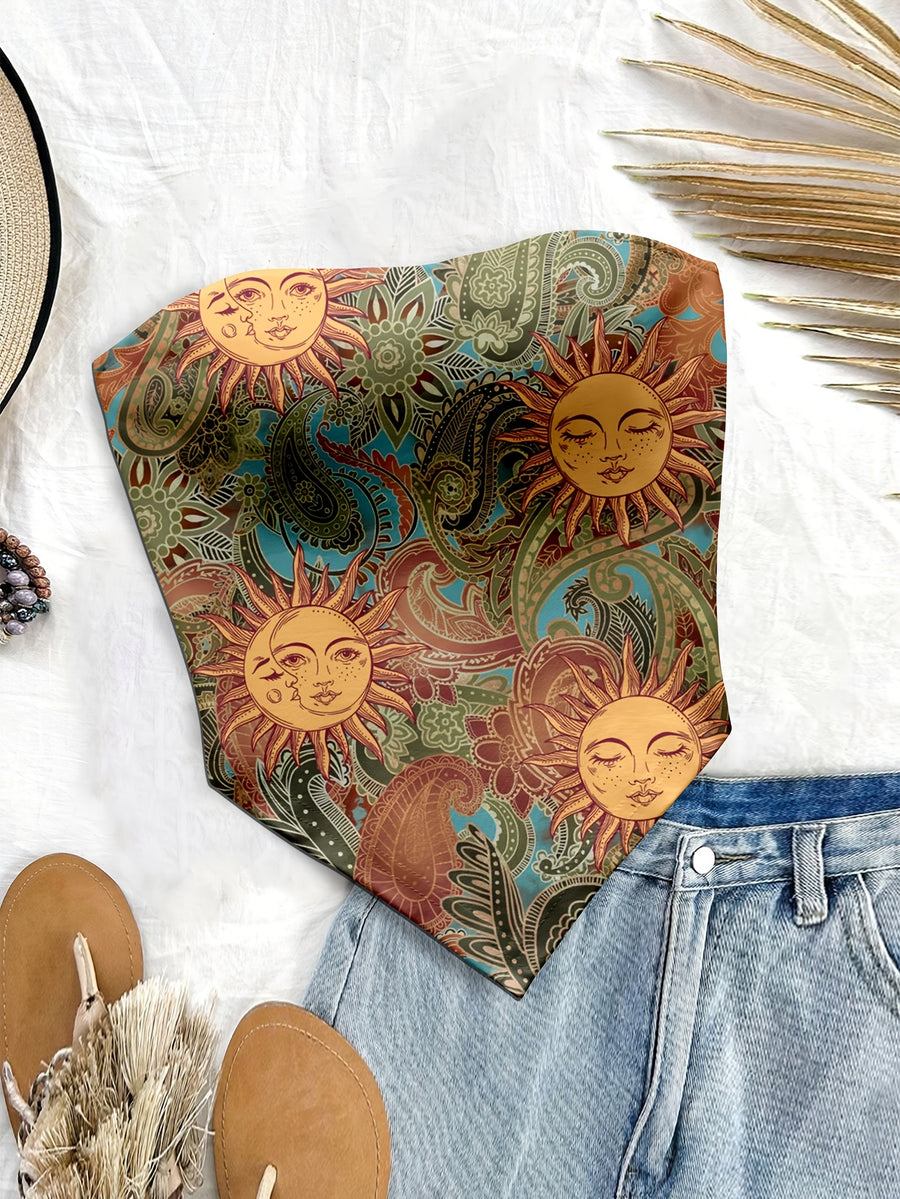 Women'S Spring/Summer New Brand Special Boho Beach Tropical Vacation Outfits | Retro Sun Pattern Print Slim Fit Bustier Crop Tops with Asymmetrical Bandeau Collar - Olive