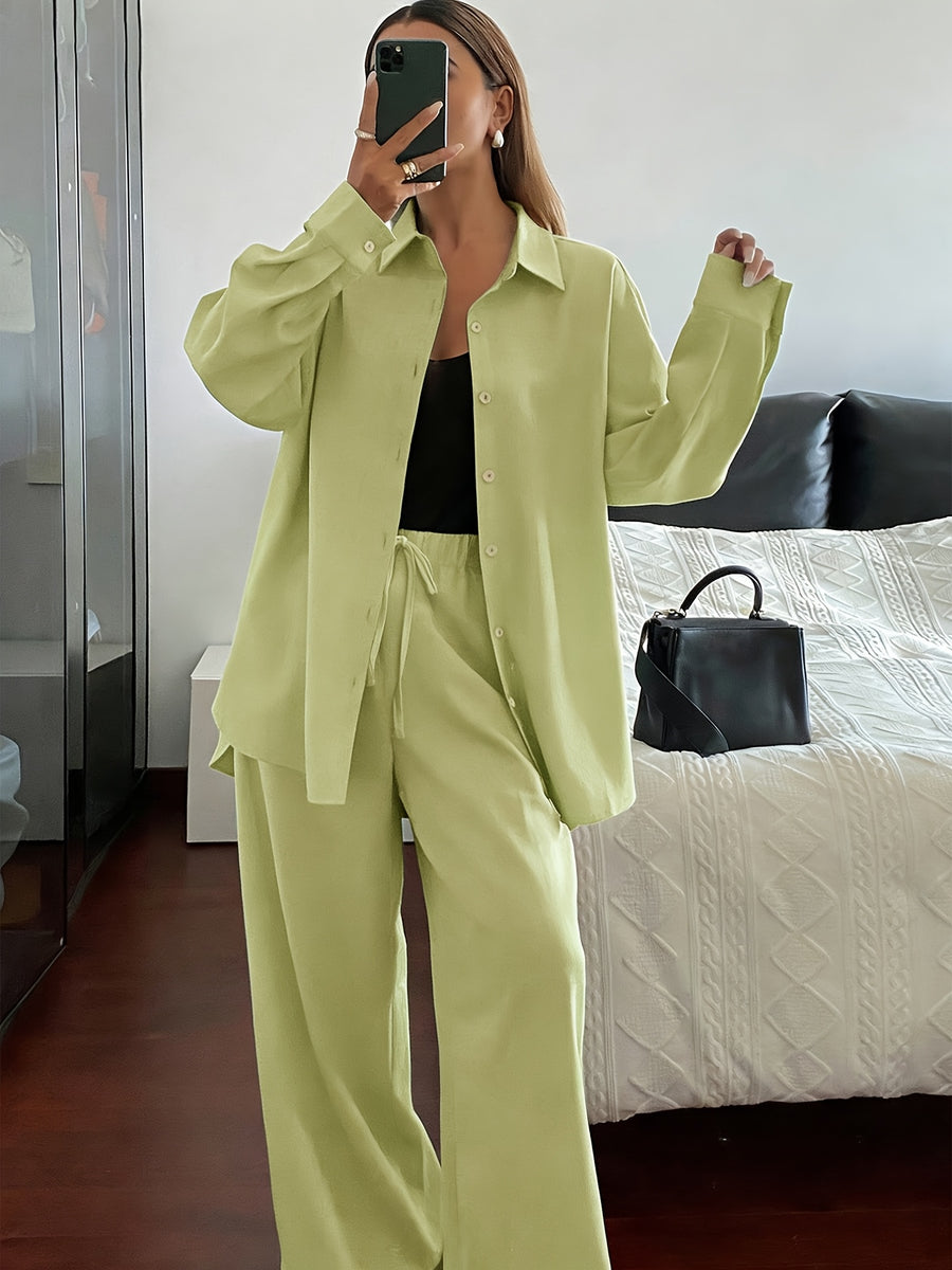 Women'S Spring Autumn Elegant Casual Loose Comfortable Solid Color Shirt Top And Straight Long Pants 2pcs Set - Matcha Color