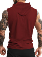 Men's Athletic Hooded Sleeveless Shirt - Gym Workout Top with Hood, Breathable Fabric for Running, Training, Casual Streetwear - Machine Washable Muscle Shirt (Non-Transparent), Workout Clothes, Training Gear, Sporty Design, Comfortable Fit, Performance - Burgundy