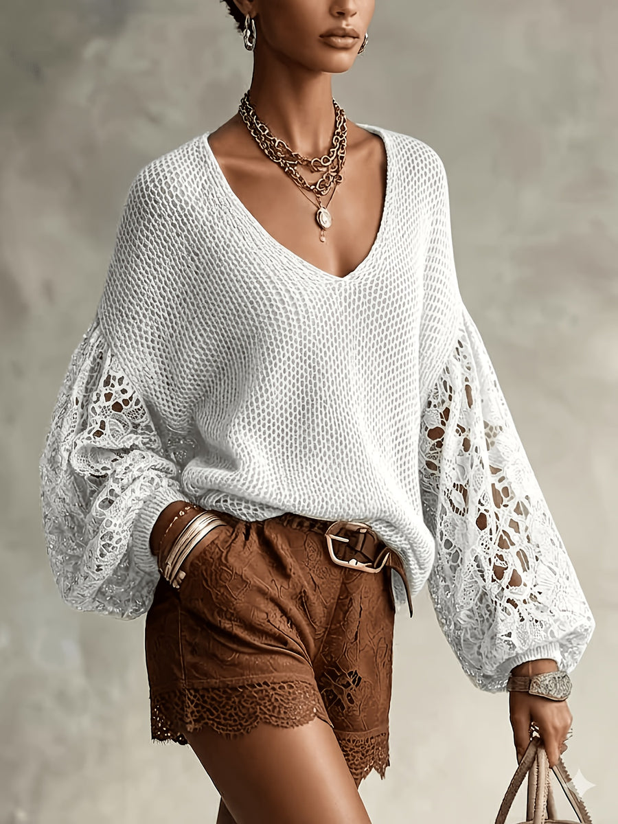 Women's V-Neck Lace Sleeve Sweater, Soft Fabric, Versatile Pullover for Daily Commuting - White
