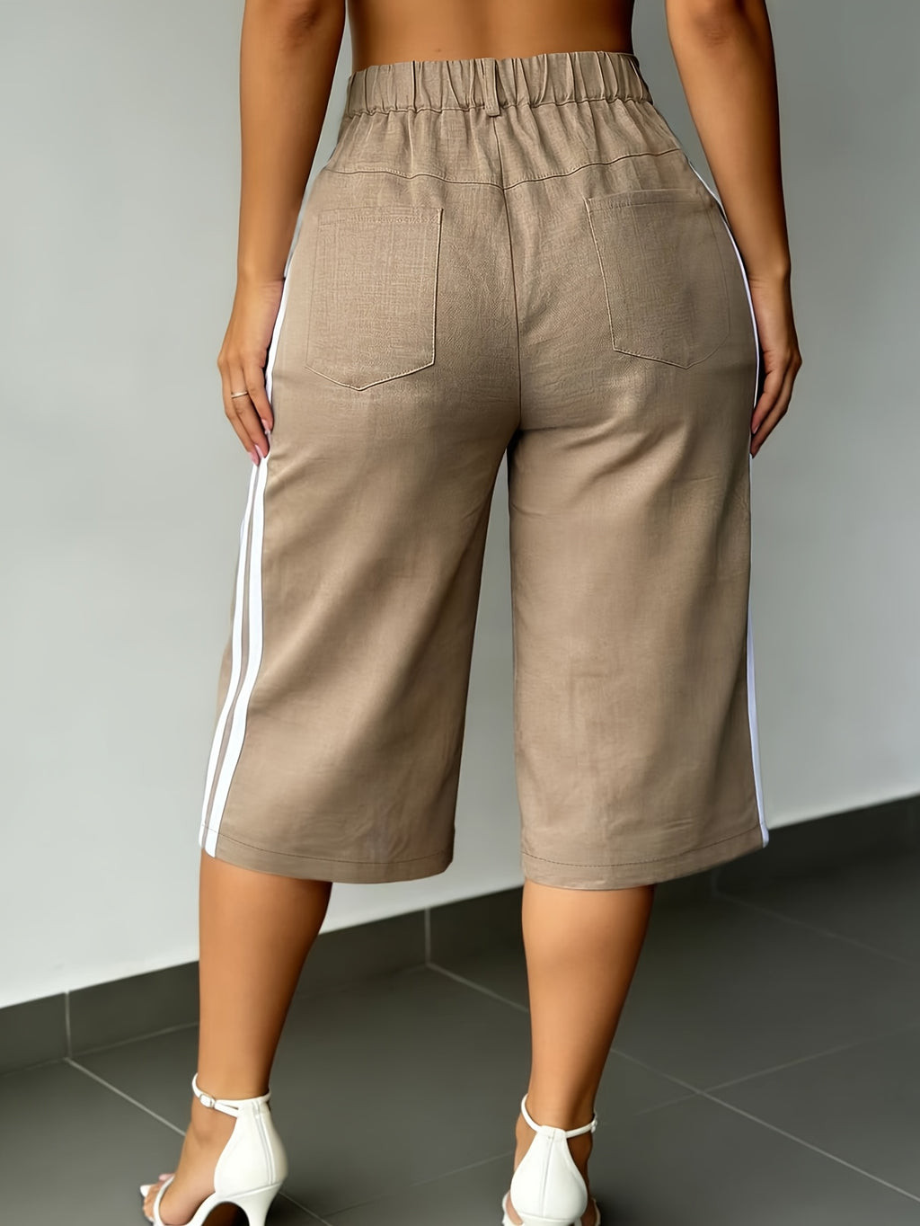 New Summer Fashion Side Contrast Color Patchwork Casual Capri Pants - Khaki