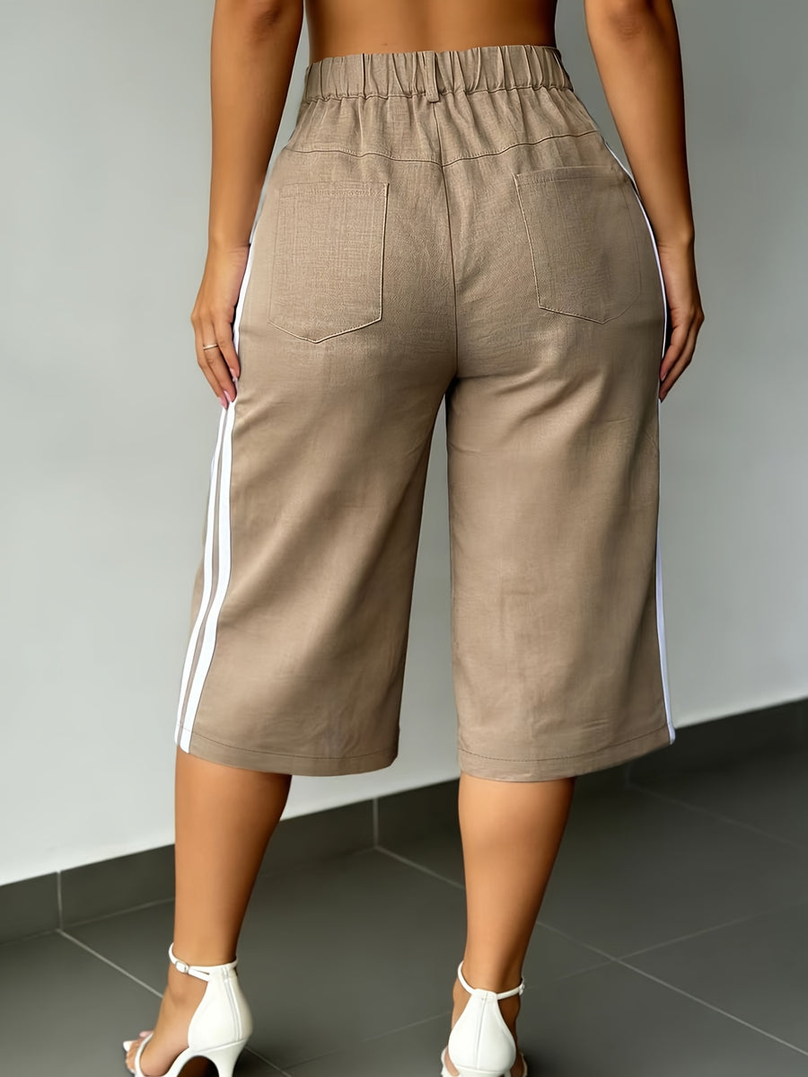 New Summer Fashion Side Contrast Color Patchwork Casual Capri Pants - Khaki