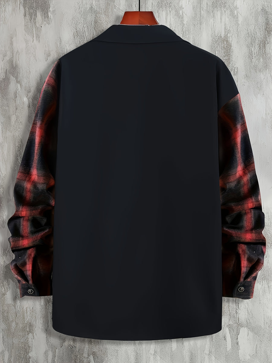 Men'S Casual Plaid Pocket Long-Sleeved Shirt Autumn And Winter Versatile Classic Business Top Stitching Shirt - Red