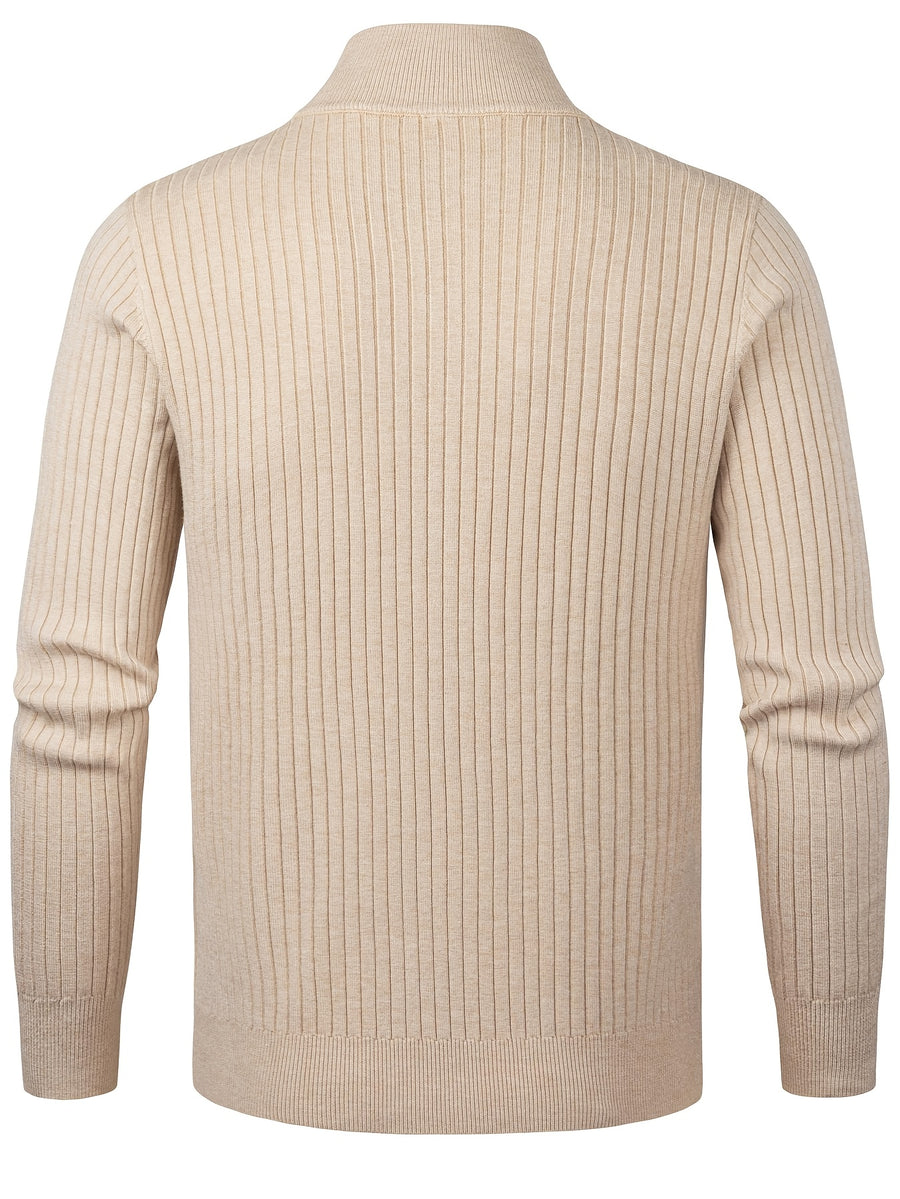 2026 Spring/Fall New Men'S Knitted Rib-Striped Zip-Up Cardigan | Stand Collar, Medium Stretch Fabric, Long Sleeve, Casual And Versatile Fit Minimalist Layering - Apricot