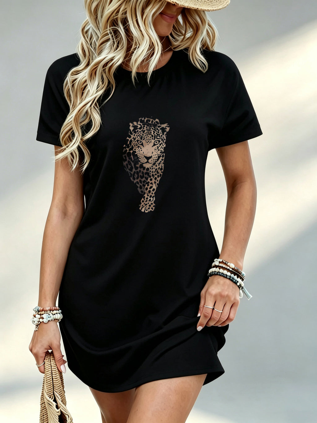 Printed Design Not Textured, Casual Women'S Dress, Leopard Print, Beach Vacation, Gift for Her - Black