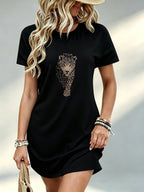 Printed Design Not Textured, Casual Women'S Dress, Leopard Print, Beach Vacation, Gift for Her - Black