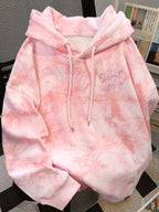 American Trendy Autumn Winter New Cute Style Letter Print Long Sleeve Hooded Fleece Tie-Dye Design Women'S Sweatshirt American Vintage Loose Chic All-Match Fashion Hoodie - Pink Color