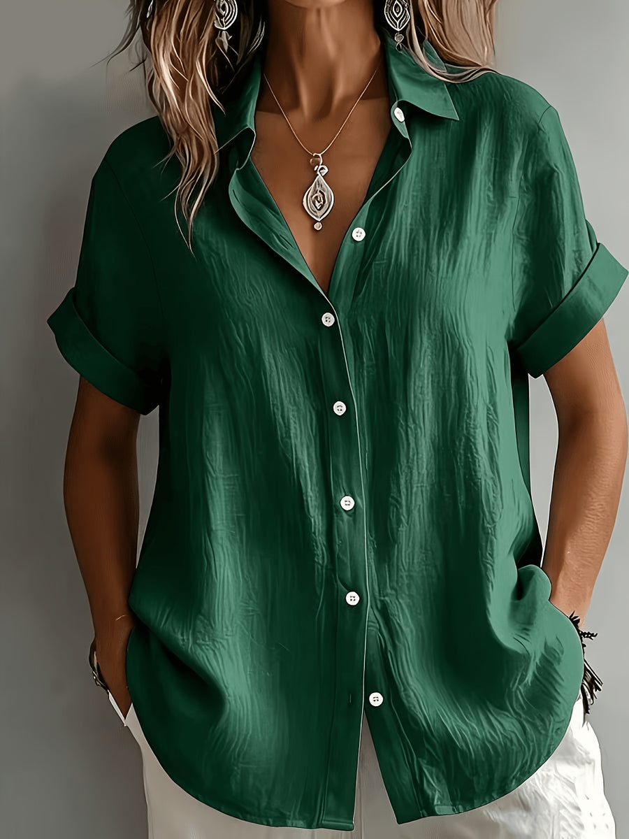 Women's Elegant Vacation-style Short-sleeve Top, Loose and Relaxed Shirt, Commuting Casual Literary Style, Figure-flattering, Daily Temperament Style, Loose and Draping, Breathable and Comfortable - Dark Green