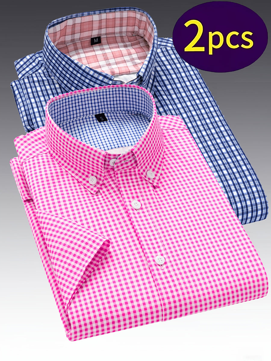 Men's Two-pc Short Sleeve Plaid Lapel Button- Shirts, Comfortable and Casual, Versatile and Stylish, Suitable for Daily Commutes and Parties, A Must-Have Item for Your Wardrobe - Rose red dark blue