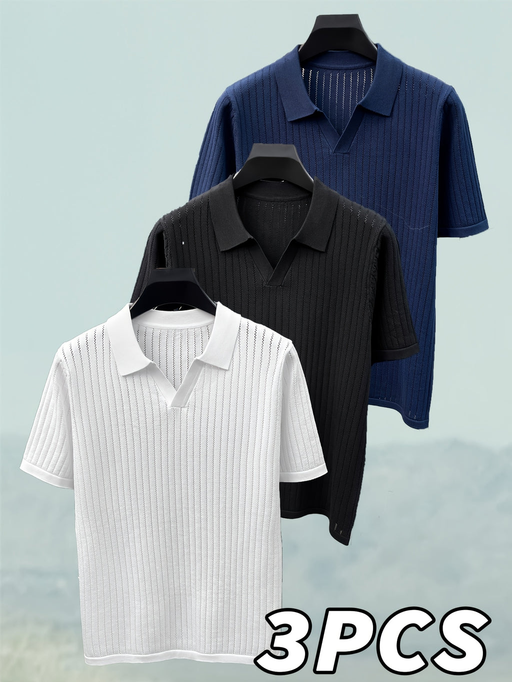 Du Jing Lan OBM 3pcs Set: New Spring/Summer Men's Knitted Pullover, Old Money Style Solid Color Plaid Openwork Breathable Short-Sleeve T-Shirt, Men's Business Casual Fashion Half-Placket Lapel Knit Polo Shirt Base Layer Top. Suitable for Wearing - White+Black+Navy Blue
