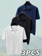 Du Jing Lan OBM 3pcs Set: New Spring/Summer Men's Knitted Pullover, Old Money Style Solid Color Plaid Openwork Breathable Short-Sleeve T-Shirt, Men's Business Casual Fashion Half-Placket Lapel Knit Polo Shirt Base Layer Top. Suitable for Wearing - White+Black+Navy Blue