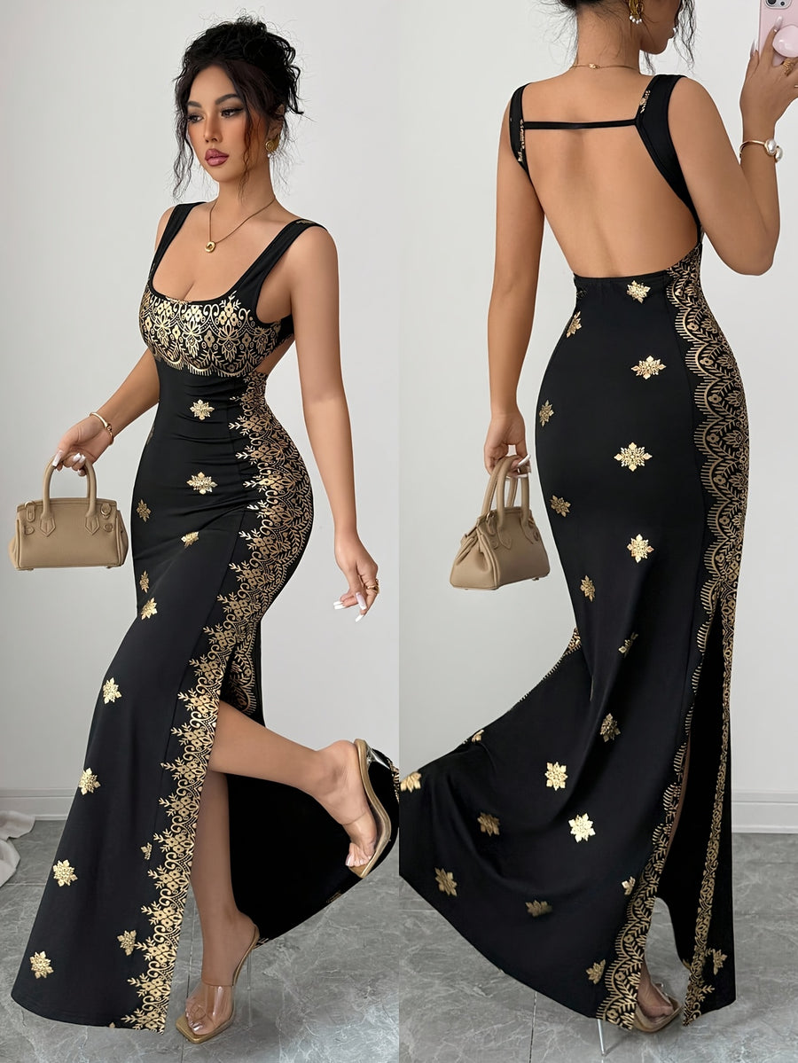 Women'S Dress Spring/Summer Retro Square Neck Printed Elegant Dress Bodycon Butt-Hugging Waist-Cinching Evening Party Long Dress - Black