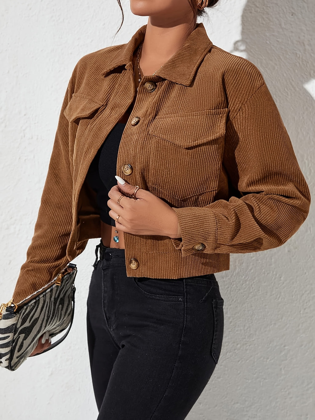 Stylish Women's Jacket on - Valentine's Day New Arrival, Hot Women's Outfit, Solid Color Corduroy Pocket Collar Long Sleeve Coat, Casual Jacket. Suitable for Casual to Semi-formal Wear, Layering, Classic Design, Exquisite Details, Fashionable Top - Sepia