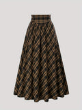 Plaid Vintage Midi Skirt for Women - Dark Brown