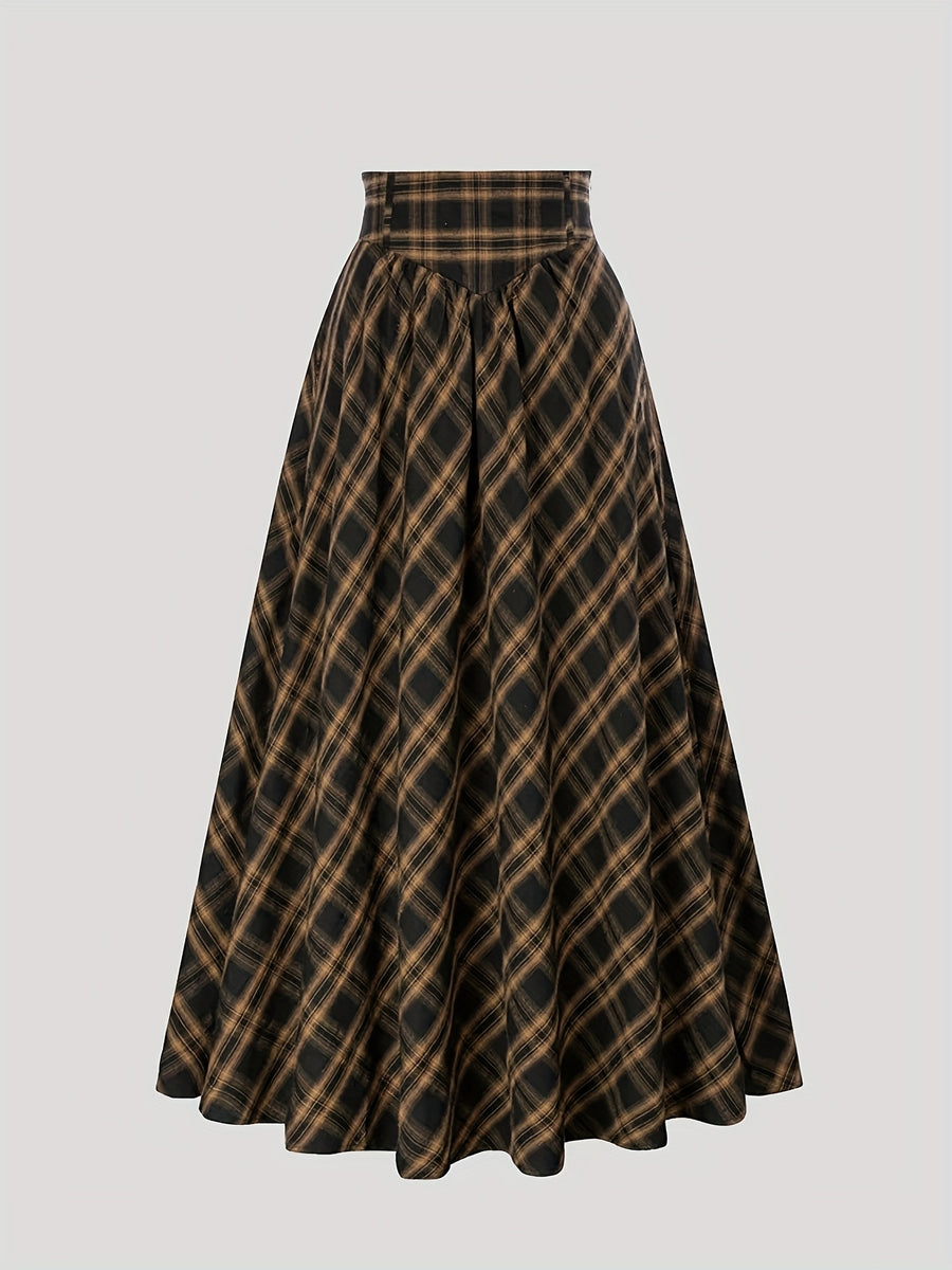 Plaid Vintage Midi Skirt for Women - Dark Brown